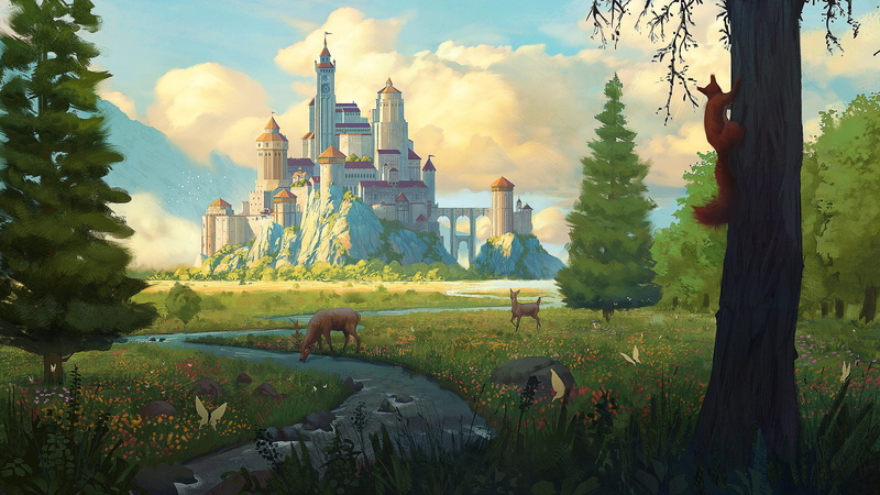 digital art, stream, deer, fantasy art, forest, squirrel, 2K, castle, Karine Villette, flowers, butterfly
