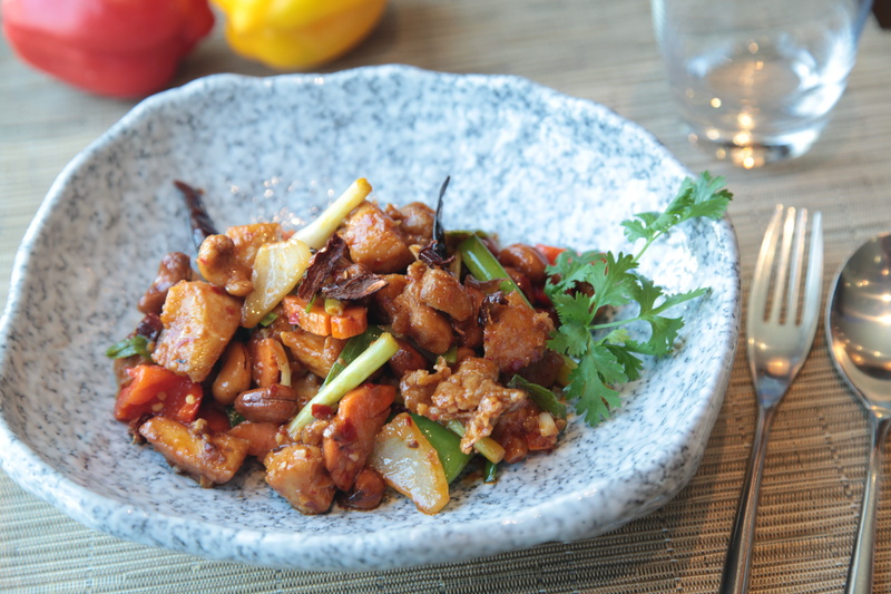 restaurant, freshness, glass, served, japanese, chicken, tasty, asian, plate, white, garnish, sweet and sour chicken, kitchen utensil, fork, crockery, sweet