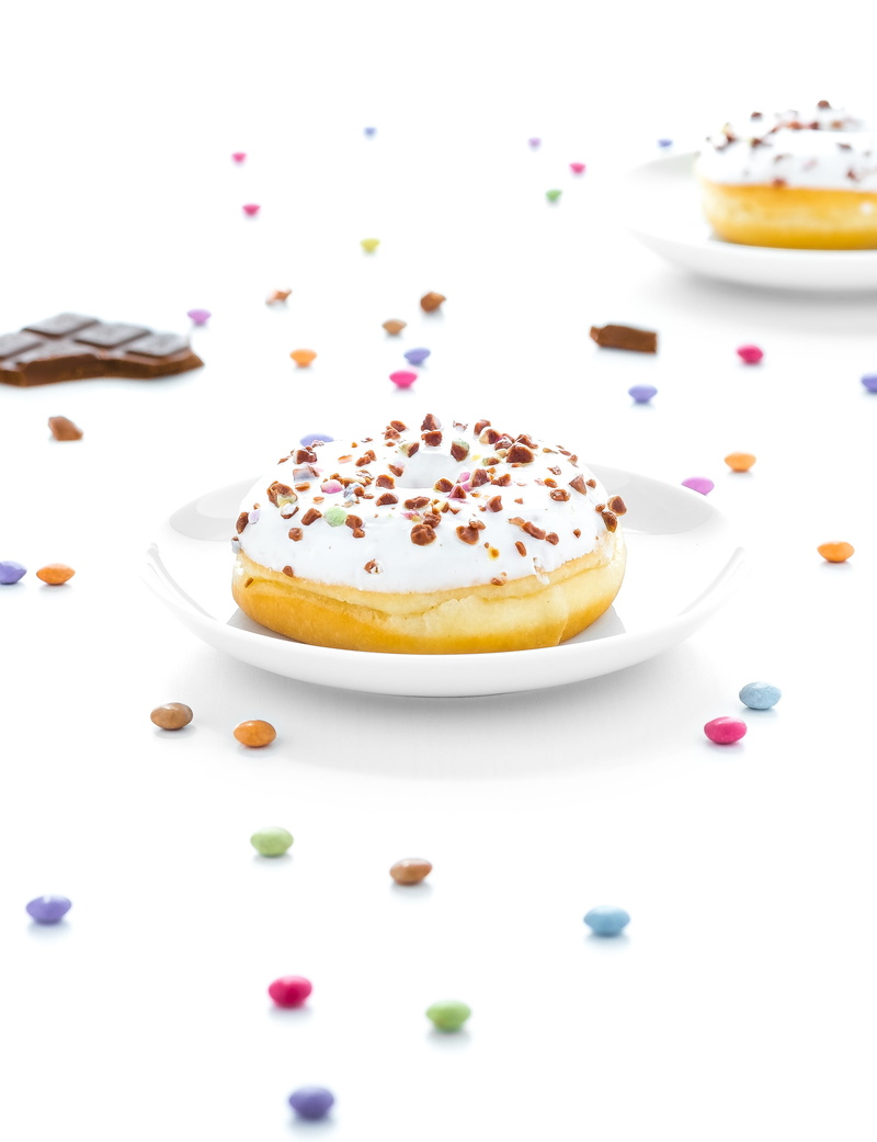 table, white background, freshness, temptation, delicious, donut, glaze, toppings, indulgence, 2K, baked, food and drink, ceramic, unhealthy eating, food