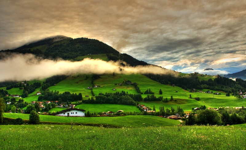landscape, hills, grass, mountains, 2K, home, greenery, trees, clouds, sky, field, village