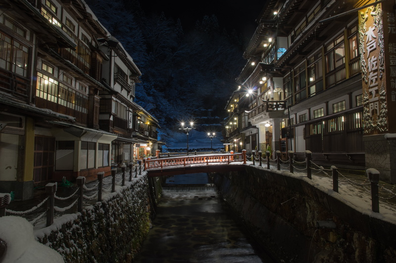 hotels, the bridge, lights, Japan, 5K, lighting, night, snow, Yamagata, home, Ginzan Hot Spring Bath, winter