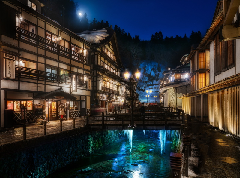 the moon, 5K, winter, bridges, Ginzan Hot Spring Bath, lighting, hotels, source, icicles, home, landscape, lights, Yamagata, snow, Japan, night