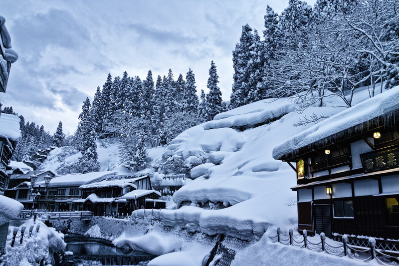 trees, landscape, lights, the snow, Yamagata, source, Ginzan Hot Spring Bath, hotels, Japan, snow, home, 4K, winter