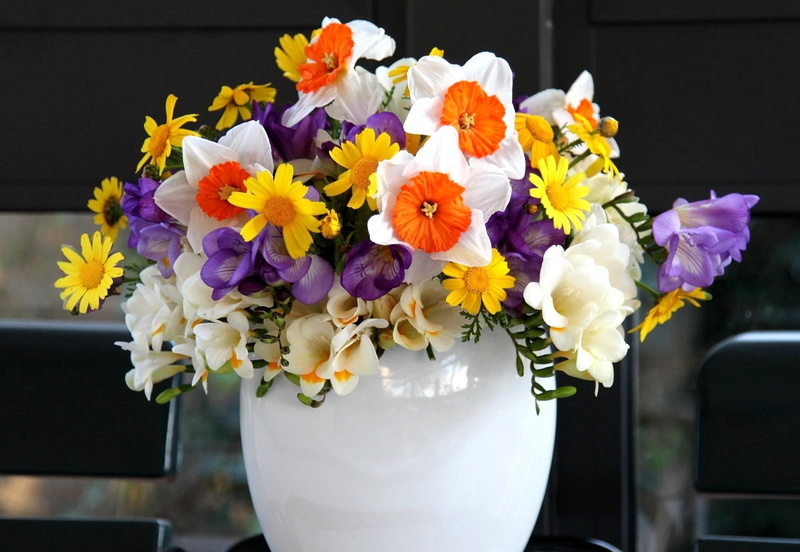 pink Color, decoration, song, summer, purple, vase, bouquet, 1080P, flowers, close-up, freesia, inflorescence, freshness, yellow, flower arrangement, fragility