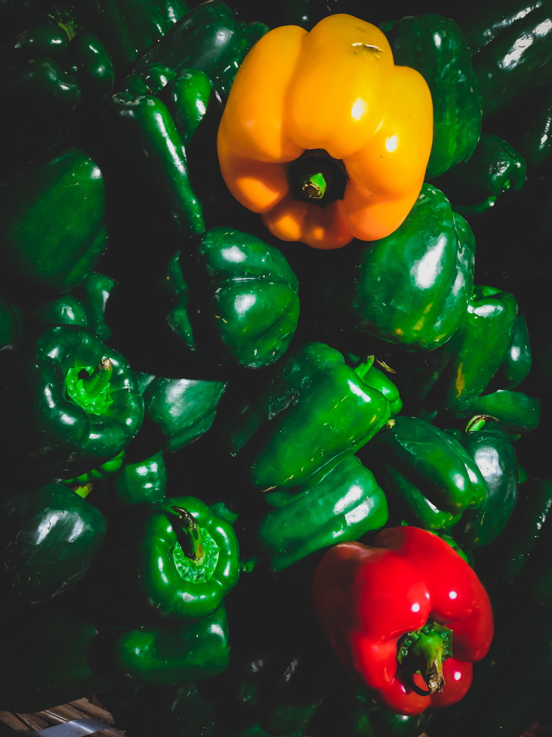 multi colored, high angle view, colors, bell peppers, full frame, plant, lot, pepper, yellow, natural, bell, healthy eating, colorful, food and drink, organic