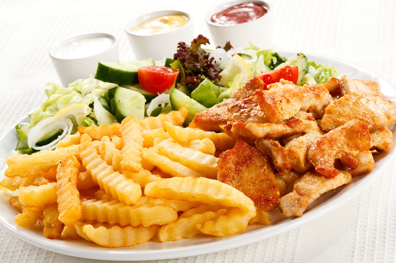 grilled, homemade, fried chicken, slice, close-up, snack, vegetable, chicken Meat, still life, french Fries, freshness, fries, crockery, prepared Potato