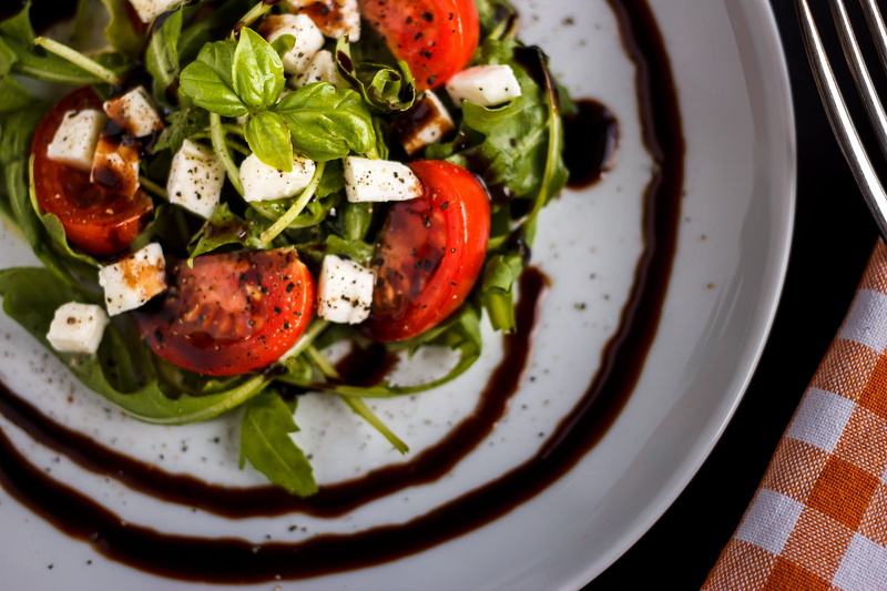 ceramic, greek food, appetizer, tableware, gastronomy, lunch, lettuce, meal, rustic, cheese, fork, vegetable, tomato mozzarella, restaurant, mozzarella