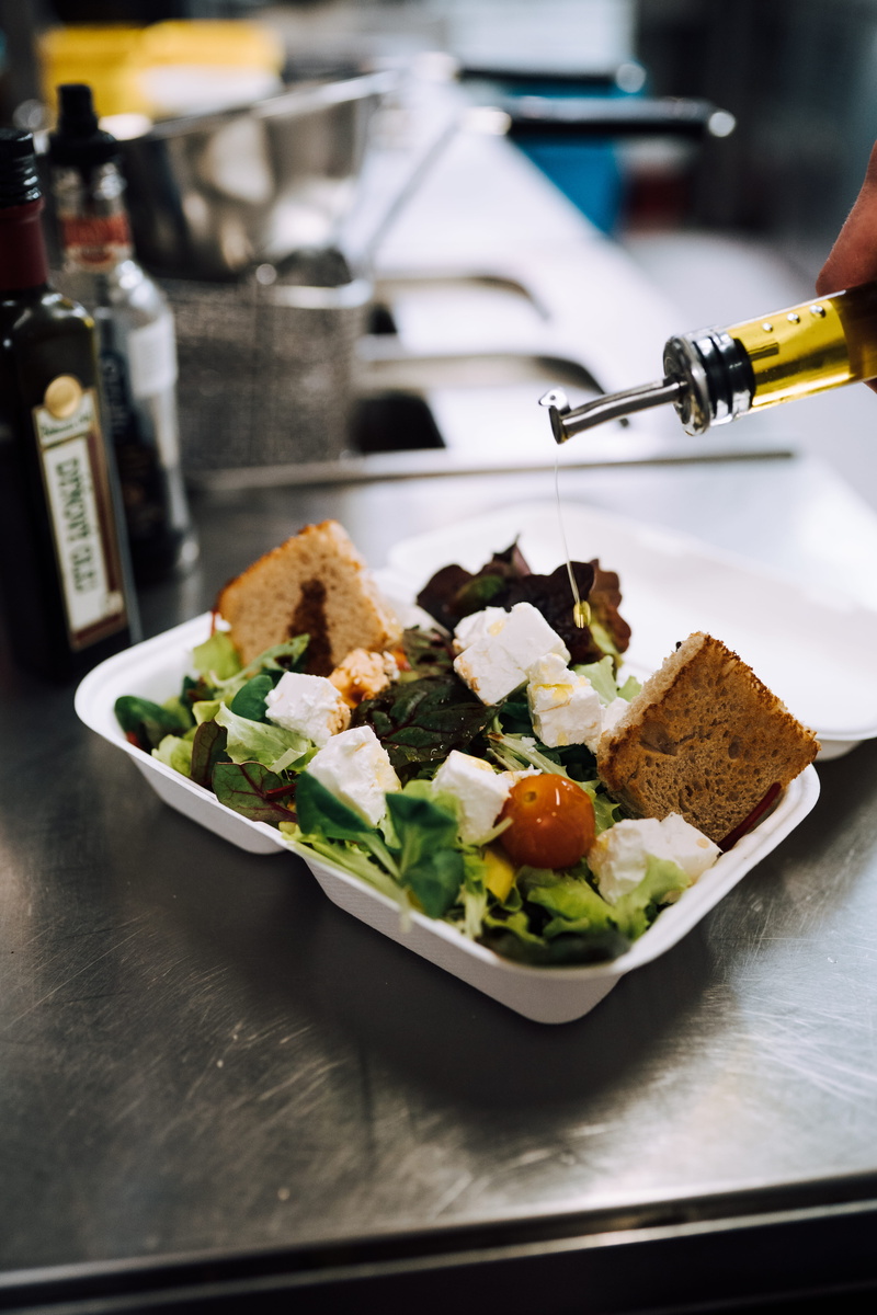 olive, salad, unrecognizable person, ready-to-eat, human hand, 5K, tray, freshness, food, close-up, table, poured, food and drink, still life, wellbeing