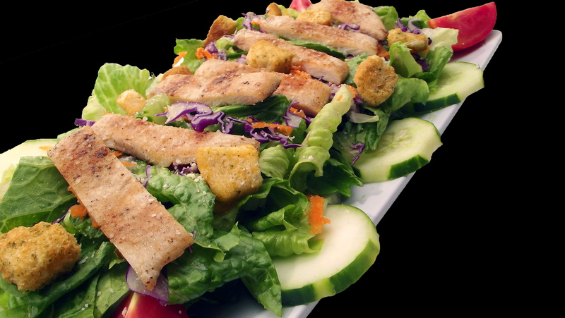 dining, studio shot, salad, dish, chicken, delicious, freshness, indoors, wellbeing, meat, serving size, prepared, nutrition, lettuce, healthy, black background