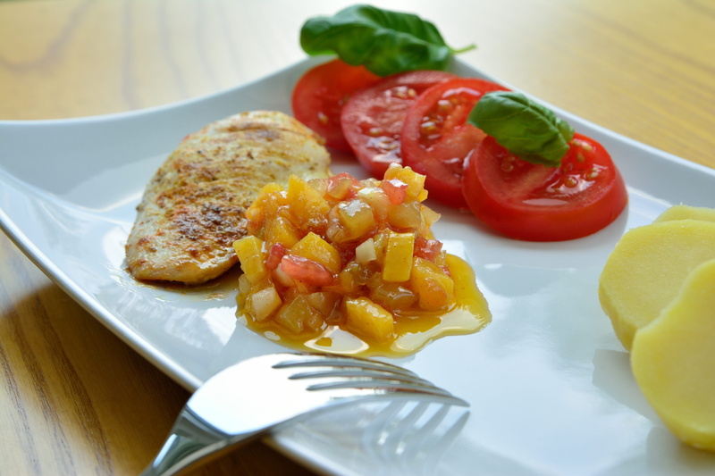 vegetable, indulgence, table, fork, dinner, meal, salad, freshness, turkey steak, healthy eating, no people, food and drink, temptation, wellbeing, bbq sauce