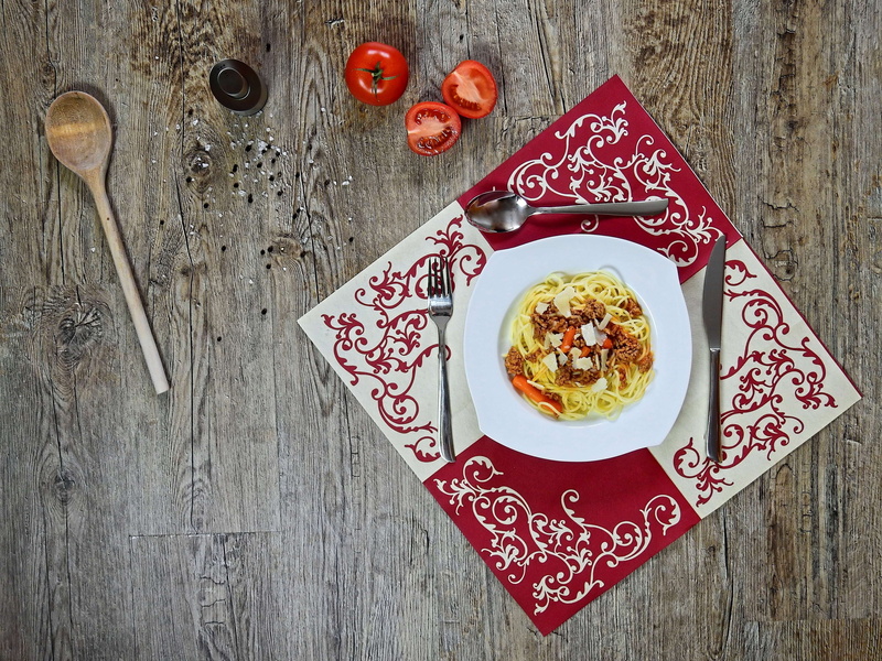 healthy eating, breakfast, pasta, red, tomatoes, cutlery, spagetti, lunch, meal, 4K, household equipment, no people, high angle view, wood - material