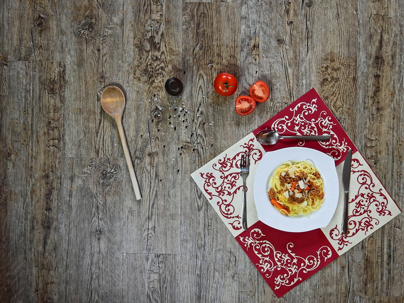 spoon, knife, directly above, high angle view, spagetti, no people, spice, food and drink, durum wheat, crockery, wood - material, healthy eating, studio shot