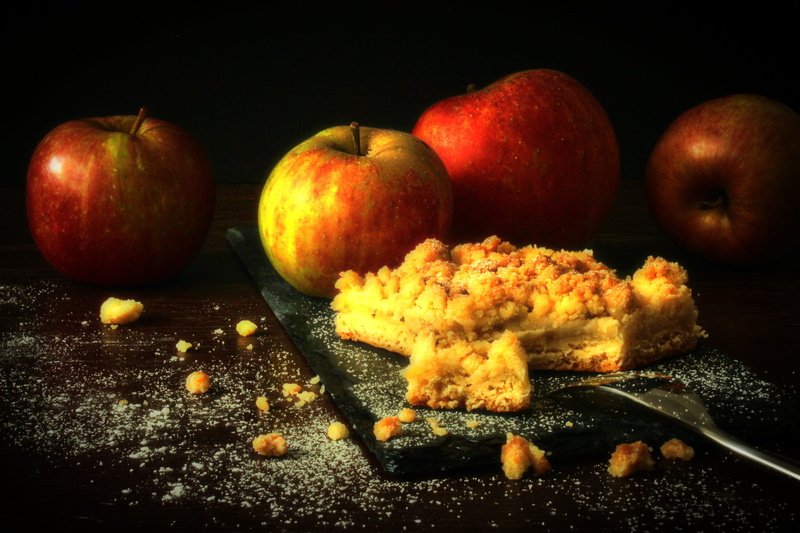 food, ready-to-eat, streusel cake, apple - fruit, chat, no people, orange color, healthy eating, still life, wellbeing, dessert, cake, black background