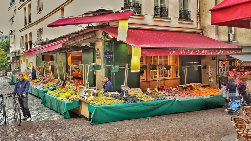 colorful, building exterior, business, cafe, people, paris, greengrocers, transportation, city, 2K, building, city life, day, women, adult, built structure
