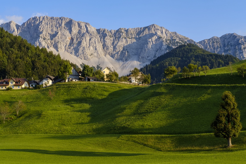 snowcapped mountain, activity, formation, mountain range, scenics - nature, hill, green - golf course, carinthia, alpine, sky, cottages, tranquility, village