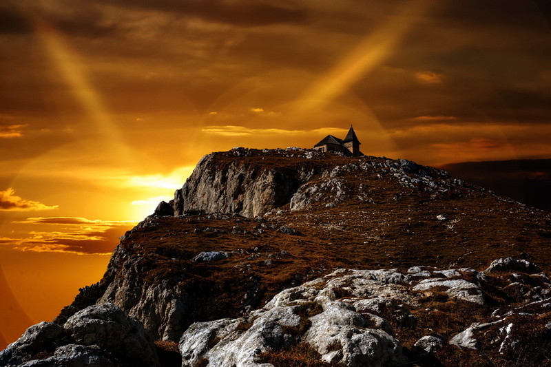 sunbeam, mountains, rock, tranquil scene, sunset, scenics - nature, austria, tranquility, solid, idyllic, no people, rock - object, nature, mountain peak