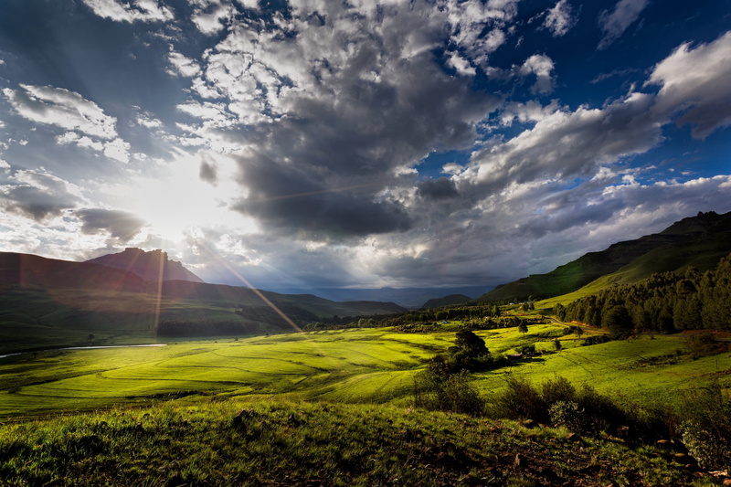 mountains, province of KwaZulu-Natal, Kwa-Zulu Natal, clouds, South Africa, valley, the sun, 1080P, the suns rays