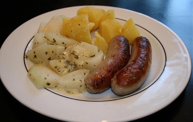 main course, potatoes, table, mustard, snack, plate, ready-to-eat, germany, cooked, high angle view, court, close-up, serving size, 720P, food, freshness