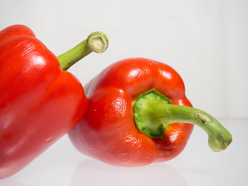 plant stem, white background, jalapeno pepper, paprika, indoors, red bell pepper, green color, wellbeing, studio shot, close-up, spice, still life, 4K