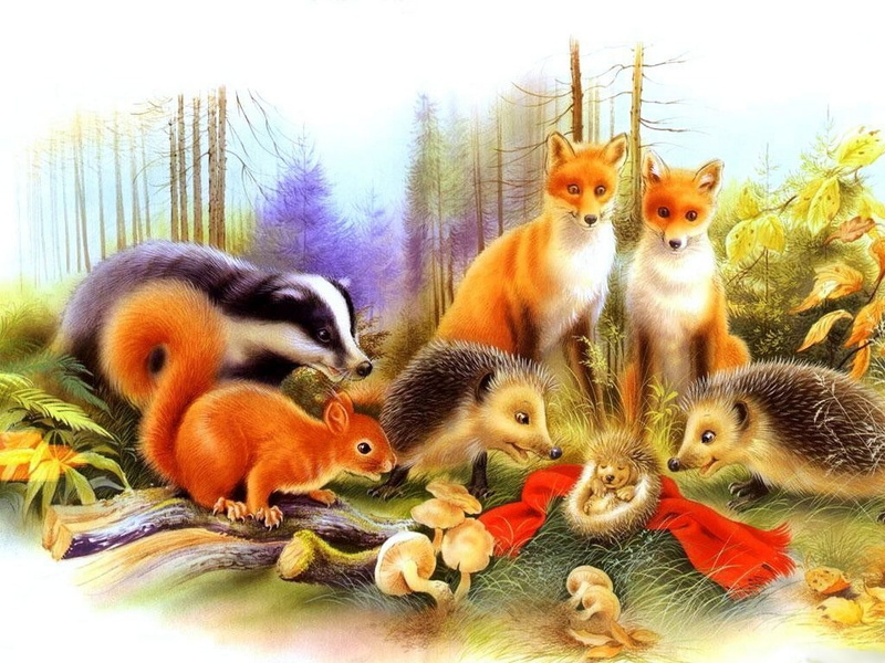 fantasy, Fox, baby, art, 720P, abstract, hedgehog, animals, painting, squirrel, hd