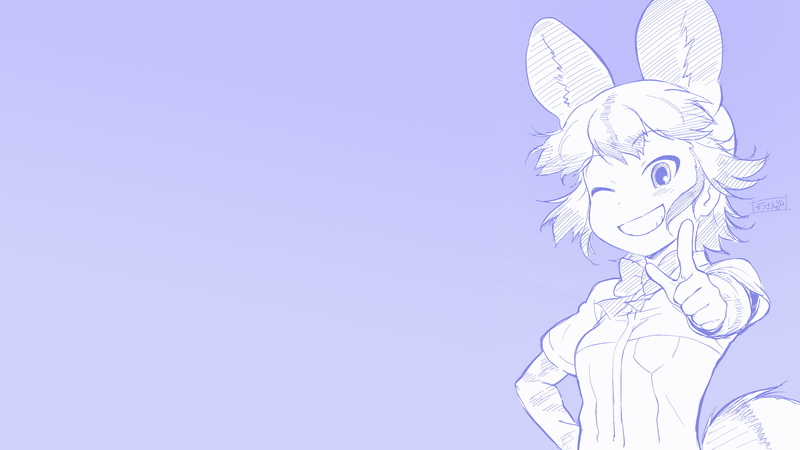 anime, 4K, African Wild Dog (Kemono Friends), gradient, smiling, anime girls, blue background, animal ears, Kemono Friends