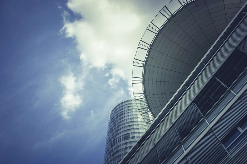 office, architecture, building exterior, blue, cloud - sky, no people, perspective, sky, tall - high, ste, directly below, low angle shot, building, expression