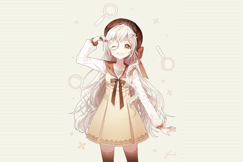 Anime, Long Hair, 720P, Magnifying Glass, Dress, Yellow Eyes, Original, White Hair