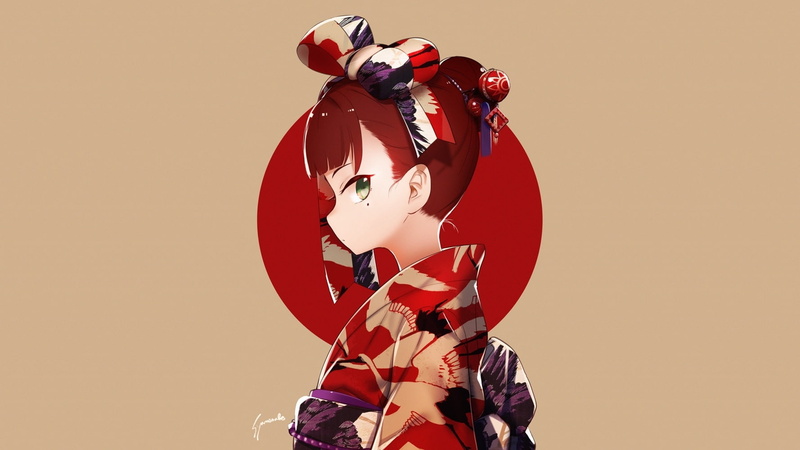 side view, emotion, creativity, obscured face, holding, 720P, shiny, anne, kimono, adult, balloon, indoors, waist up, one person, wixoss, cut out, colored background