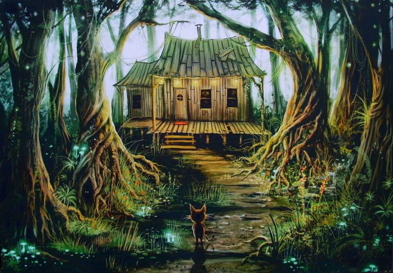 Forest, Cat, Tree, House, Fantasy, Artistic, 1080P, Cabin