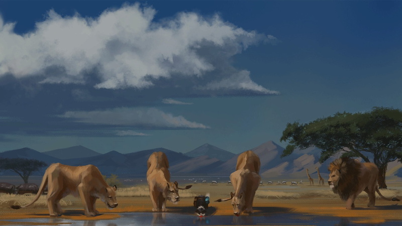 Andrew Biological, 1080P, cat, lions, Savannah, drink, artist, cats journey, lake