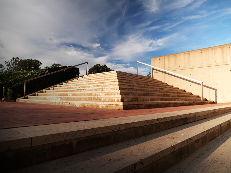 railing, nature, no people, architecture, lajolla, sunlight, built structure, trees, staircase, low angle view, cloud - sky, rise, 5K, clouds, day, salkinstitute