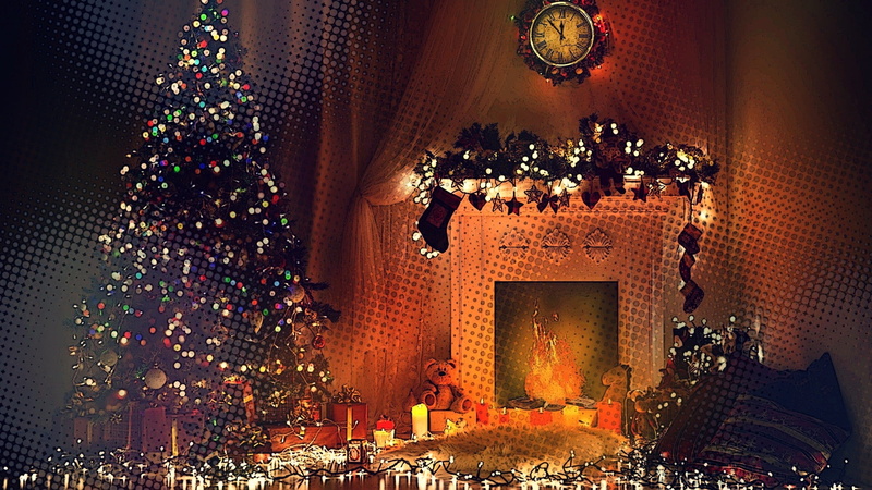 toys, clocks, fire, lights, fireplace, trees, Christmas, 1080P