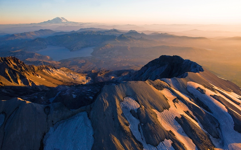 mist, Aerial View, Mount St. Helens, lake, landscape, environment, Snowy Peak, no people, nature, idyllic, sunset, snowcapped mountain, Morning, tranquility