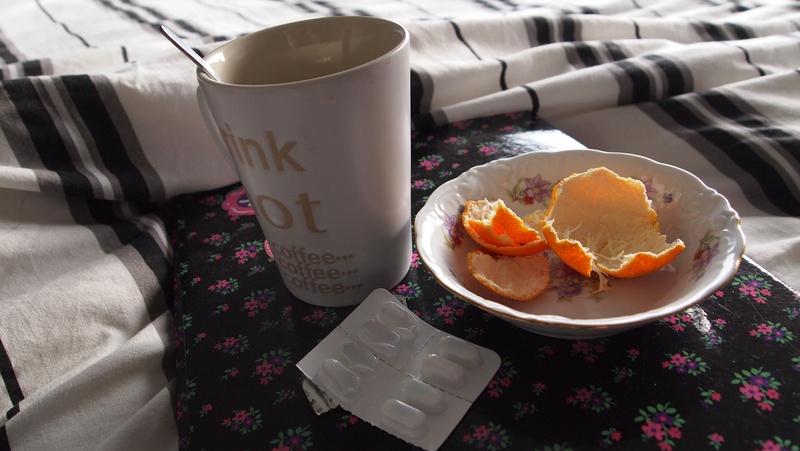 healthy eating, table, beside, wellbeing, mug, rest, ready-to-eat, floral pattern, orange, bed, fruit, duvet, food, blister, indoors, peel, medication