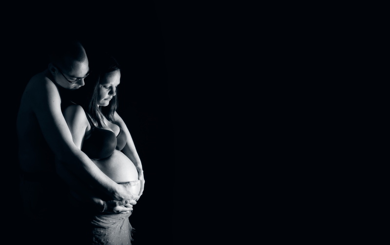 woman, reproduction, sadness, shirtless, three quarter length, togetherness, pregnancy, emotion, two people, 8K, dark, mother, indoors, men, pair, young women