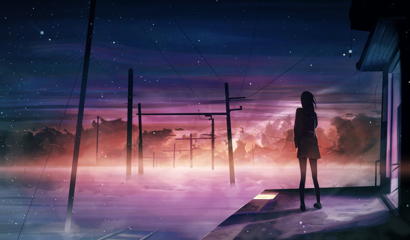Bag, Long Hair, 4K, Anime, Tracks, Telephone Pole, Original