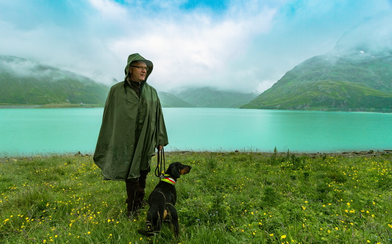 gabardine, people, plant, lake, one animal, top, mammal, sky, friendship, lifestyles, mountain, arrival, summit, hold on, happy, caregiver, green color