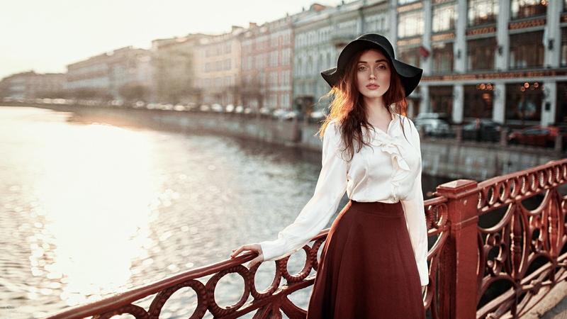 portrait, clothing, blouse, one person, long hair, depth of field, women with hats, beautiful woman, hair, redhead, white shirt, Georgy Chernyadyev, fashion