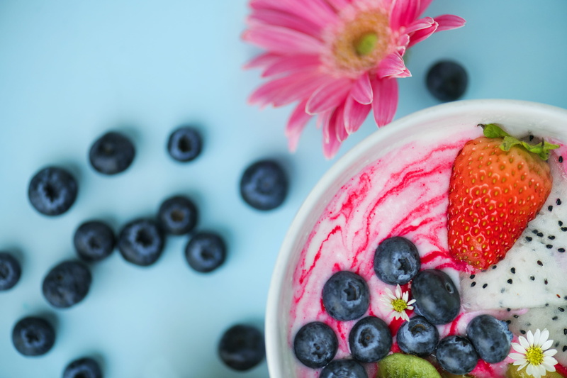delicious, filled, background, indoors, 4K, morning, breakfast, decoration, blue background, natural, strawberry, mixed fruits, temptation, white, dessert