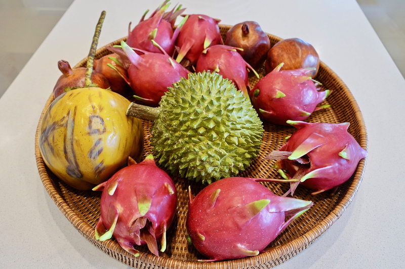 wellbeing, tropical fruit, table, display, passion fruit, indoors, Dragonfruit, gourmet, fruit, papaya, container, 5K, Durian, Exotic, food And Drink