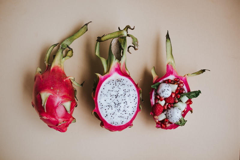 fruits, freshness, fruit, healthy eating, sliced, colored background, wellbeing, directly above, pink color, group of objects, dragon fruit, 5K, seed