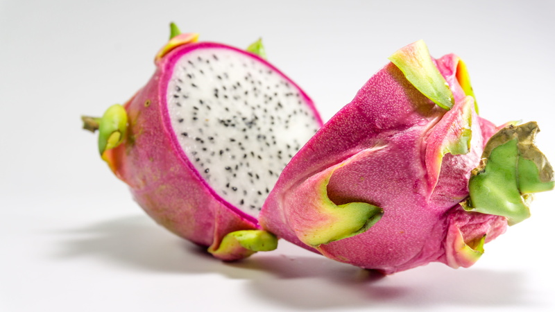 raw, cut out, cross section, studio shot, chopped, delicious, fruits, edible, fresh, close-up, small group of objects, white background, pitaya, pink color