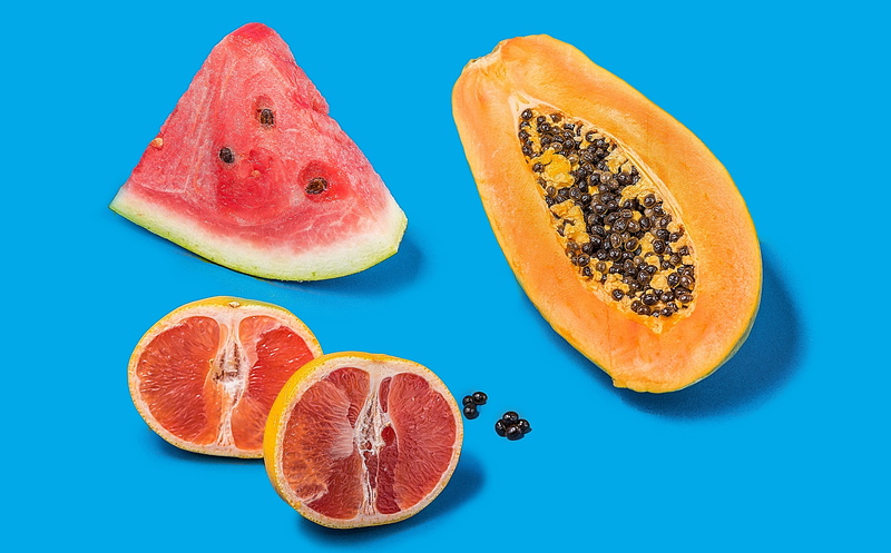 healthy, seed, orange, appetizing, Papaya, Fresh, cross section, freshness, Closeup, group of objects, wellbeing, citrus, citrus fruit, split, Blue, turquoise colored