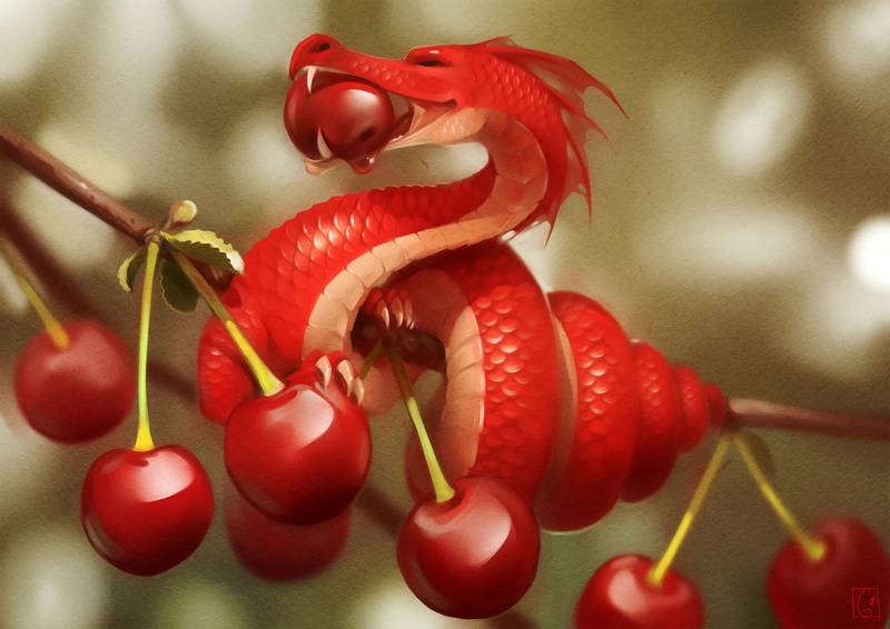 fruit, dragon, fantasy art, red, eating, 2K, miniatures, branch, nature, digital art, cherries (food), leaves, trees