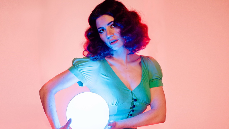 open mouth, sphere, 1080P, long hair, brunette, women, lights, musician, music, brown eyes, wavy hair, singer, Marina and the Diamonds, green dress