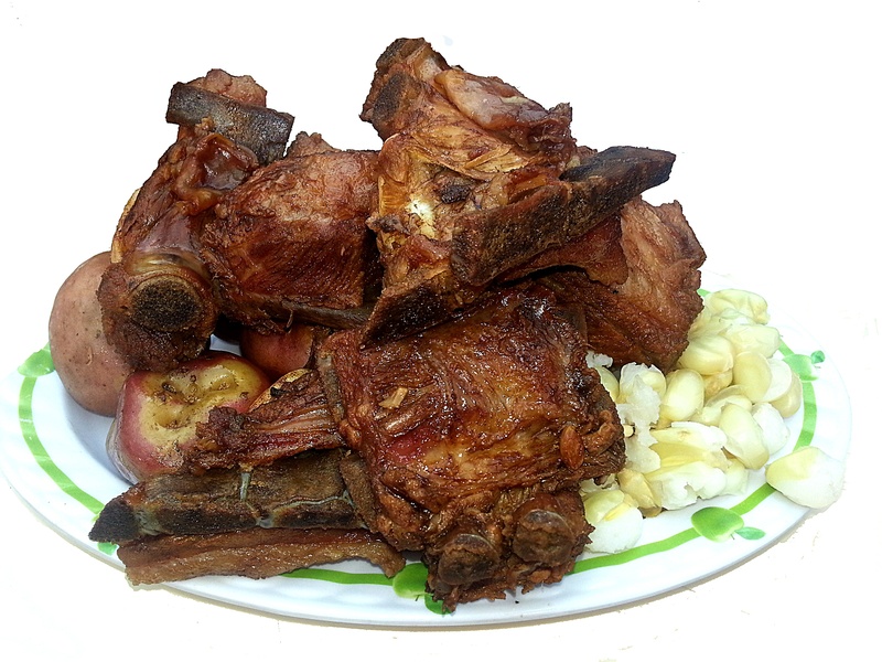 meal, temptation, gastronomy, mote, studio shot, freshness, close-up, wellbeing, white background, typical bolivian dish, ribs, pork, food and drink, high angle view