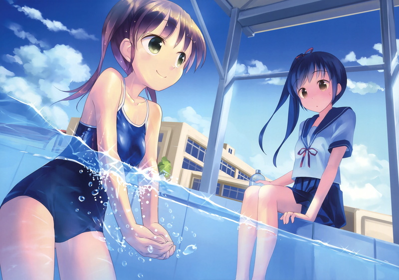 konachan, clouds, school, 250305, twintails, ponytail, swimsuit, sky, water, pool, brown, skirt, (roast), loli, hair, original, blue, 2K, seifuku, takoyaki