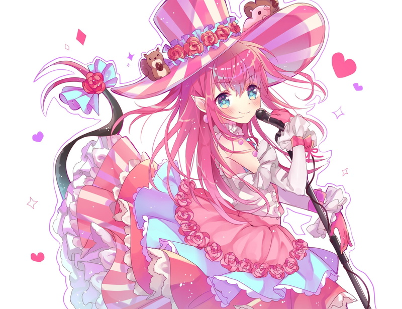 hika, grand, takoyaki, long, 1080P, fate, 256180, white, order, konachan, com, hair, hat, pointed, (series), tail, pink, ears, flowers, gloves, eyes, microphone