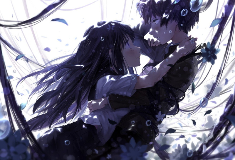 chitanda, 720P, houtarou, long, bubbles, girls, anime, oreki, hyouka, hair, black, blush, flowers, eru