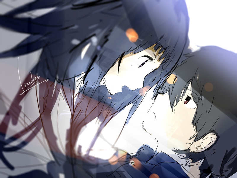 signed, houtarou, purple, loundraw, oreki, hair, eyes, black, brown, hyouka, 720P, eru, chitanda